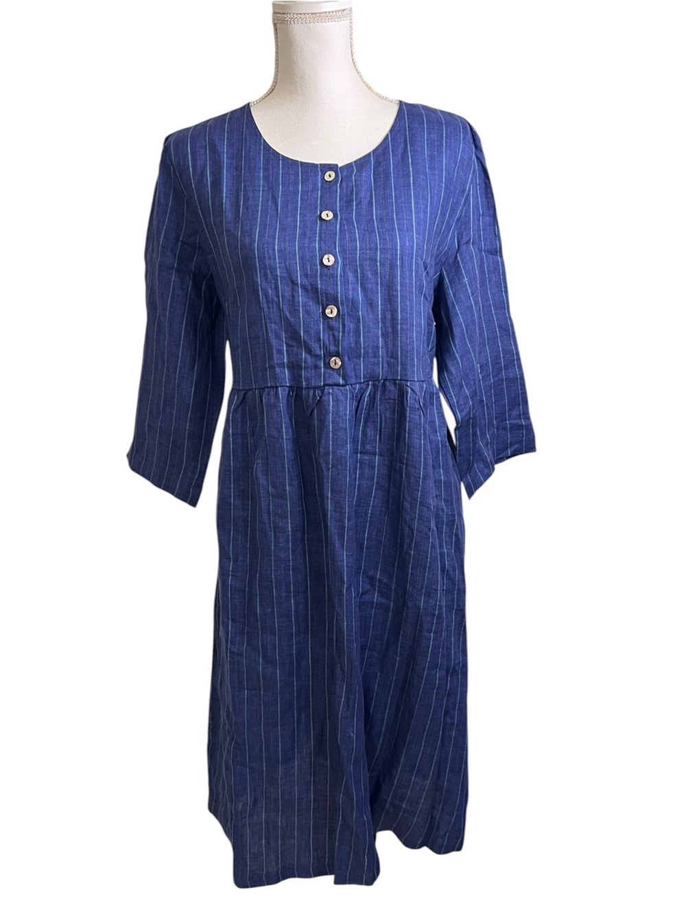 Lintico Linen Dress Women's Large Blue Stripe NWT Lagenlook Coastal Midi